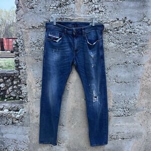 Diesel Thommer Jeans Men 32x32 Blue Slim Skinny Stretch Med-Dark Wash Distressed
